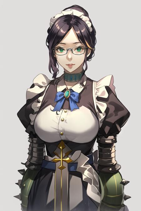 fullbody, yuri_alpha, glasses, green wristband, maid outfit, beautiful, ultra-detailed, beautiful, amazing, masterpiece, (realistic:0.5), <lora:Yuri Alpha (Oberlord):0.7>