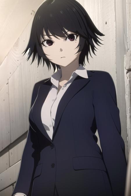 izumi shimomura, short hair, black hair, (black eyes:1.5), shirt, jacket, pants, formal, suit,