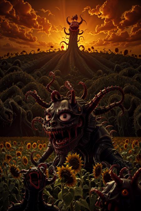 a photo of demonic aliens frolicking in a field of sunflowers, 4k, cinematic lighting, intricately detailed