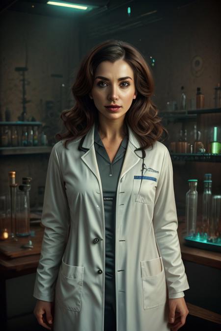 Laboratory, table, wendy, camillia, , jennadds, sexy female cyborg, mature lady, lab coat, spolab, labcoat, BREAK, unreal engine, elegant, epic composition, art nouveau colorful coat, latex coat, eyesgen, perfect eyes, beautiful eyes, big iris, big pupils, Older woman, brunette, breasts, massive breasts.
