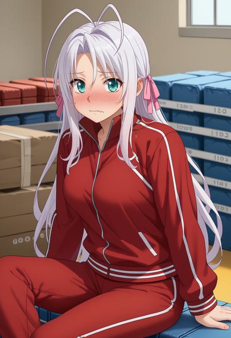 long hair, white hair, antenna hair, aqua eyes, hair ribbon, pink ribbon RossweisseSuit, black suit, black pants RossweisseTrack, track jacket, red jacket, track pants, red pants RossweisseValkyrie, hair ornament, bare shoulders, breastplate, black leotard, gauntlets, faulds, white belt, black thighhighs, greaves