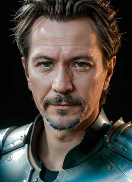 (<lora:GaryOldman:.8>) a Portrait photo of (go1) man with goatee, Detailed face, (perfect eyes), (highly detailed skin:1.1), perfect body, wearing a ((knight's armor)), Modelshoot style, Professional Photography, soft lighting, PHOTOREALISTIC, Realistic, standing in a dark studio background, blurred background, volumetric fog,. RAW, analog style, sharp focus, 8k, HD, DSLR, high quality, Fujifilm XT3, film grain, award winning, masterpiece,