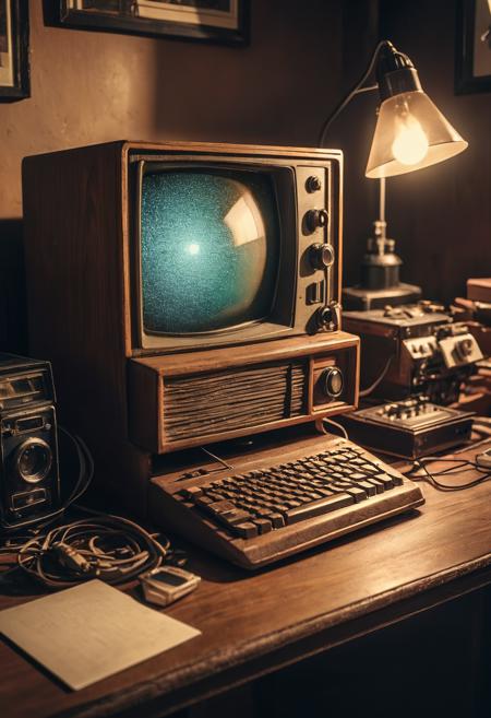 RAW Photograph of a vintage PC, running Stable Diffusion, image generation software, retro tech, still life, film grain, sober and peaceful, luminescence, insane intricate detail, award winning art, 8K, HDR, masterpiece, dslr, kodachrome, 35mm photograph, highly detailed