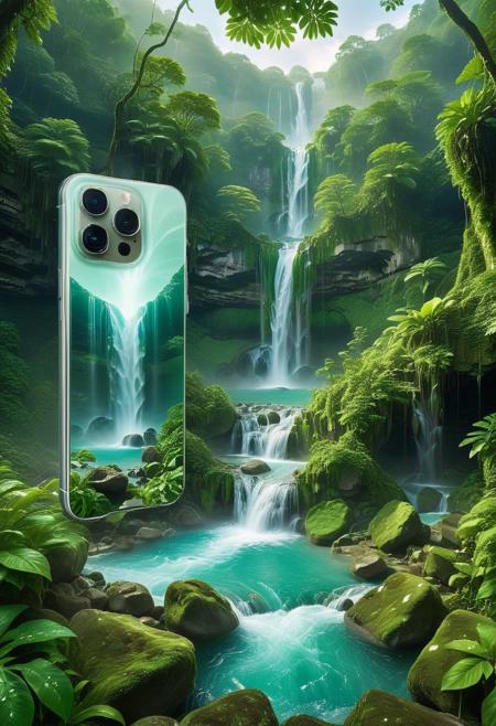 mobile phone stands alone on the top, surrounded by cascading waterfalls and emerald green forests. The soft natural light shines through the mist of the waterfall, projecting a dreamy polygonal pattern. The gray tones of the mobile phone transition from light to deep, and the clear blue of the waterfall The color contrasts sharply with the mossy green on the device, enhancing the natural color contrast. The scene is isolated, full of adventure and the temptation of the unknown, exuding the charm of exploration and discovery, with the smartphone in the center of the frame.