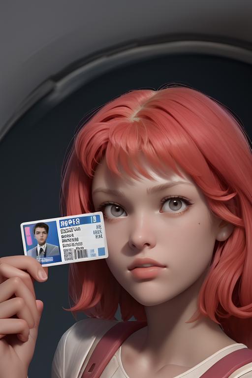 A pink-haired cartoon woman holding a blue and pink ID card in front of her face.
