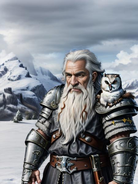 <lora:Heroes5_dwarf:0.7> heroes5_dwarf, solo, simple background, 1boy, white background, weapon, white hair, male focus, armor, facial hair, bird, animal, shoulder armor, gauntlets, beard, pauldrons, axe, old, old man, animal on shoulder, holding axe, owl, bird on shoulder, snow, snowy mountains, snowy mountains in background, dark sky, black sky, blue sky, night sky, realistic, 8k, ultra hd, beautiful, professional, highres, absurdres, award winning, photorealistic, ultra highres, sharp focus, best quality, extremely detailed, masterpiece, hyper-detailed, photographic, perfect detailed hands, perfect face, perfect body, perfect eyes, perfect lips, perfect nose, perfect hands, perfect fingers