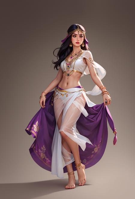 Concept art, hand drawn paper, Persian clothing, exotic, original character design, 1 girl, barefoot, jewelry, solo, necklace, anklet, toe ring, long hair, crop top, full body, bracelet, barefoot, headdress, sheer clothes, tulle skirt<lora:Exotic:0.7>,