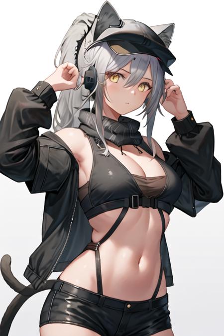 best quality, masterpiece, highres, solo, {schwarz_arknights:1.15}, animal_ears, grey_hair, long_hair, cat_ears, bangs, yellow_eyes, ponytail, breasts, hair_between_eyes, upper_body, cleavage, large_breasts, 1girl, black_headwear, hat, headset, jacket, looking_at_viewer, official_alternate_costume, ears_through_headwear, black_jacket, long_sleeves, cabbie_hat, closed_mouth, simple_background, white_background