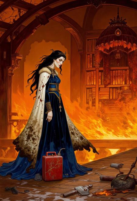 ((Art by Gerald Brom)) ( hyper-detailed manhwa-style portrait), a noblewoman standing in the center of her lavish chamber, her piercing gaze locked onto the flames consuming her world. She wears a deep sapphire-blue velvet gown embroidered with gold filigree, its long sleeves trailing, edges singed and curling. A fur-lined ivory cloak drapes from her shoulders, now streaked with soot, embers flickering against the charred fabric. Her raven-black hair cascades down her back, a golden circlet glinting against the infernal glow. By her side, a weathered red gas can sits upon the scorched wooden floor, its surface blackened with soot, an ominous symbol against the destruction. The chamber’s arched beams crackle overhead, sending fiery splinters raining down. Ornate bookshelves collapse under waves of fire, their ancient tomes curling into glowing embers. A grand four-poster bed, its crimson and gold canopy engulfed, smolders as tendrils of smoke twist into the vaulted ceiling. Shattered mirrors along the far wall distort the reflection of flickering destruction, fragments catching the erratic glow of melting candelabras and disintegrating tapestries. The scent of scorched parchment thickens the air as flames consume the last remnants of history. She remains motionless, the firelight dancing across her expression—calm, unwavering—standing at the precipice of ruin with the red gas can beside her, as if the destruction itself bends to her will.