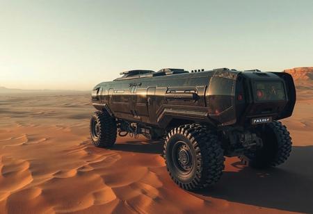 1 vehicle, 
cyberpunk long motorcoach.  large wheels. Large cabin    
 in a desert background. 
View from above.