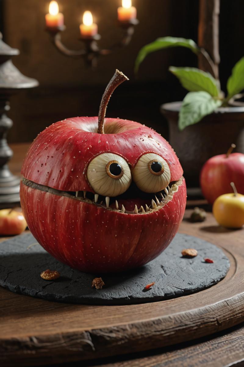 Apple with a face drawn on it, placed on a table with other apples.