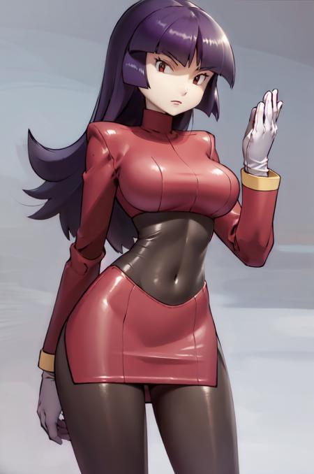 (masterpiece, best quality:1.2), 1girl, solo, sabrina, pokemon, long hair, purple hair, blunt bangs, red eyes, red sweater dress,(white gloves:1.2), black sash, (black leggings:1.1), (bodysuit:1.1), pantyhose, large breasts, knee boots, simple background <lora:SABRINA-15:0.9> <lora:kenSugimori1990sClassic_v12:0.8>