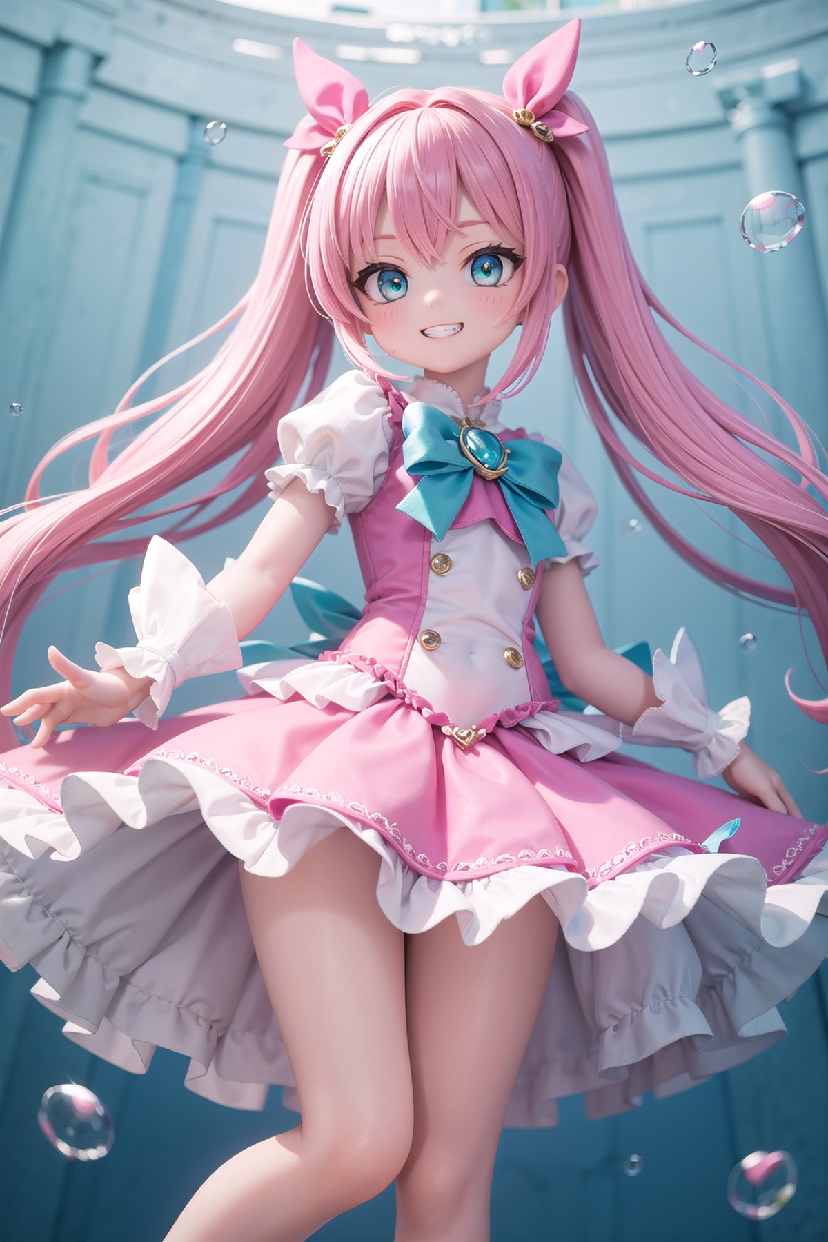 (masterpiece),  pink theme,  aqua theme,  magical girl,  bubble skirt,  grin