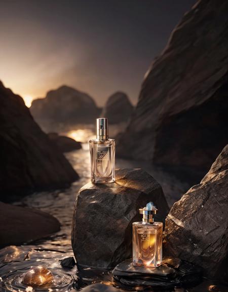 anse,Men's perfume, rocks, water, bright light,octane render, unreal engine, film grain, bokeh, blur foreground, blur background,gradient background,blur