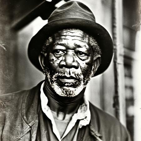 close up movie scene outdoor young Morgan Freeman as a dirty smudge covered coal miner outside of an 1895 West Virginia general store cinema768-SilentFilm