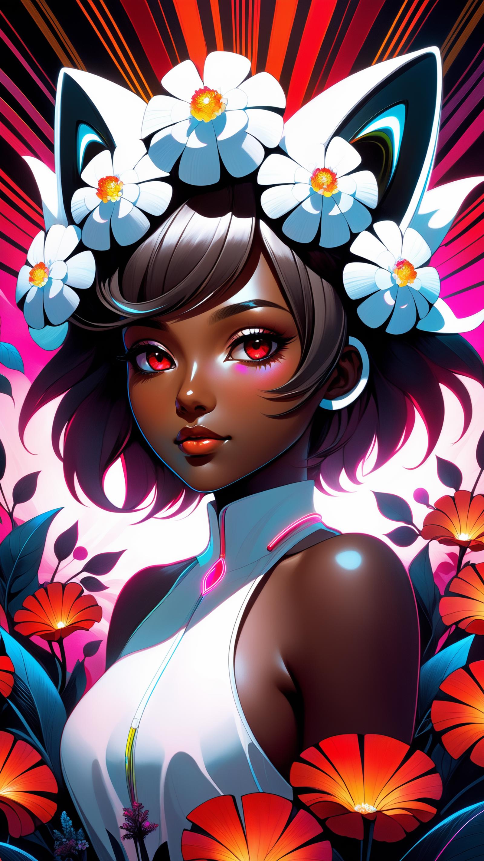 A beautifully illustrated black woman with red eyes and pink lips, wearing a white dress and white flowers in her hair.