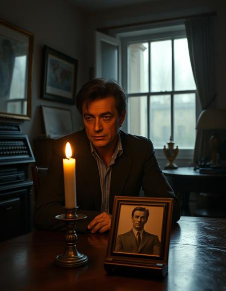 Create a highly detailed image depicting a cinematic and somber scene in tribute to a recently deceased actor, inspired by the style of classic French cinema and Alain Delonâs iconic presence. The setting should be a dimly lit room with a vintage aesthetic, perhaps a film screening room or a personal study filled with film memorabilia. Alain Delon is portrayed in a reflective pose, sitting alone at a table with an old photograph of the deceased actor, lit by the soft glow of a single candle. The atmosphere is melancholic, conveying a deep sense of respect and remembrance, with subtle lighting highlighting Delonâs thoughtful expression. The scene should evoke a mood of nostalgia and reverence, paying homage to the golden era of cinema and the legacy of the departed actor