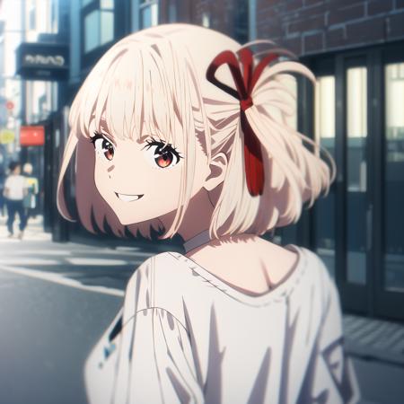 high quality, best quality, masterpiece, absurdres, chisato nishikigi, casual, 1girl, <lora:chisato:0.95>, city, street, white_shirt, bare_shoulder, motion_blur, looking_back, smile