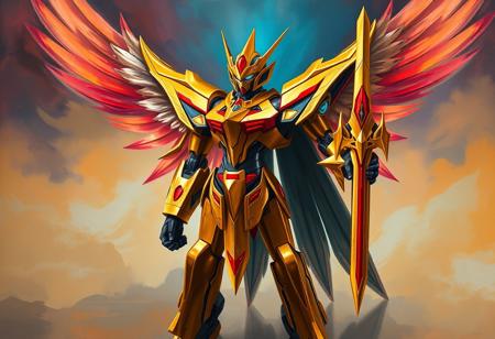 A surreal oil painting in the style of Raphael, depicting a Power Angel Valkyria robot, resplendent in gold and black with vibrant red and blue highlights. The robot stands with powerful, extended limbs in a dynamic action pose, a symbol of strength embodied by the sword in its right hand. Its large head with a glowing red visor is the focal point. The background is a fluid, merging Dream Mirror of Joy, painted with sweeping brush strokes and harmonious, Stunning Colors, creating a dreamlike and attractive backdrop that reflects the robot's presence. The composition utilizes a Creative Angle and Isometric perspective. 4K, Exceptional Quality, More Detail, Lifelike Details, Super Detailed Face and Eyes and Clothes, Handcrafted with Precision, High Quality, Sharp Lines and Brush Strokes, Multi Colored, Contemporary Aesthetics, Beautiful Matte Painting, Impeccable Composition, Balanced Editing, Intentional Focus, Well-timed Moment, Captivating Lighting, Grammer Effect Style, Splash Ink Illustration, Octane Render, Unreal Engine 5, Houdini Style, Vivid Emotions, Joyful Impact, Powerful Message, Beautiful Detailed Eyes, CGSociety, Artstation Trending on ArtstationHQ, Golden Ratio, trending on artstation, very very detailed, masterpiece.