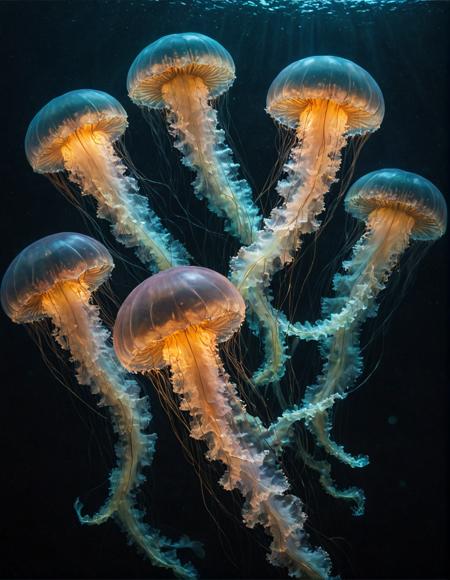 masterpiece, best quality, Many luminous jellyfish in the dark depths of the sea,