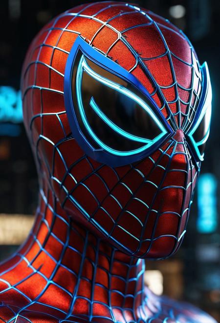 spiderman made out of metal, highlighted metal, glowing emblem,cyberpunk style, realistic, highly detailed, 8k, super realistic