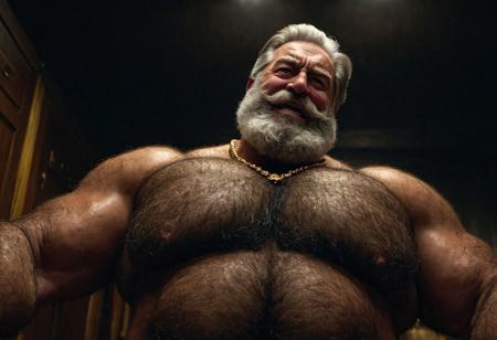 (photo, realistic, raw), (nighttime, at night, dark, dark hard shadows, cinematic atmosphere, movie grain, hazey atmosphere), closeup from below, (etherial, spiritual, emperor, king, god), old burly buff gentleman with beard, old manly mature man, combed back hair,  doublechin, old hairy tanned grandpa, wrinkly neck, hairy chest, proud big hairy chest, thick neck, hairy armpits, tanned skin, tight golden spandex, gold jewellery, gold necklace, in a dark locker room at night, nighttime, arrogant disgusted disappointed smile, intimite situation, romantic atmosphere, stern, serious, angry, sad expression,