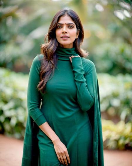 ultrarealistic portrait soft focus photo of a 30-year-old woman, malavika mohanan, outdoors, covered chest, turtleneck kurta, Full shot camera angle, looking looking at camera, midday time, beautiful bokeh, film grain <lora:Malavika_Mohanan_SDXL_LoRA:0.8>