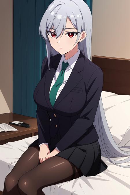 Hyakkano anime lineart, NanoEiai, 1girl, grey hair, very long hair, red eyes, hair between eyes, large breasts,

long sleeves, school uniform, black jacket, pantyhose, pleated skirt, black skirt, black pantyhose, green necktie, collared white shirt, blazer, expressionless, sitting, Bedroom, bed sheet, indoors, perfect scenery, perfect lighting, highest quality, masterpiece, best quality, highly detailed, high resolution, unity 8k wallpaper, (illustration:0.8), uncensored,<lora:NanoEiaiFasanV2:0.700000>