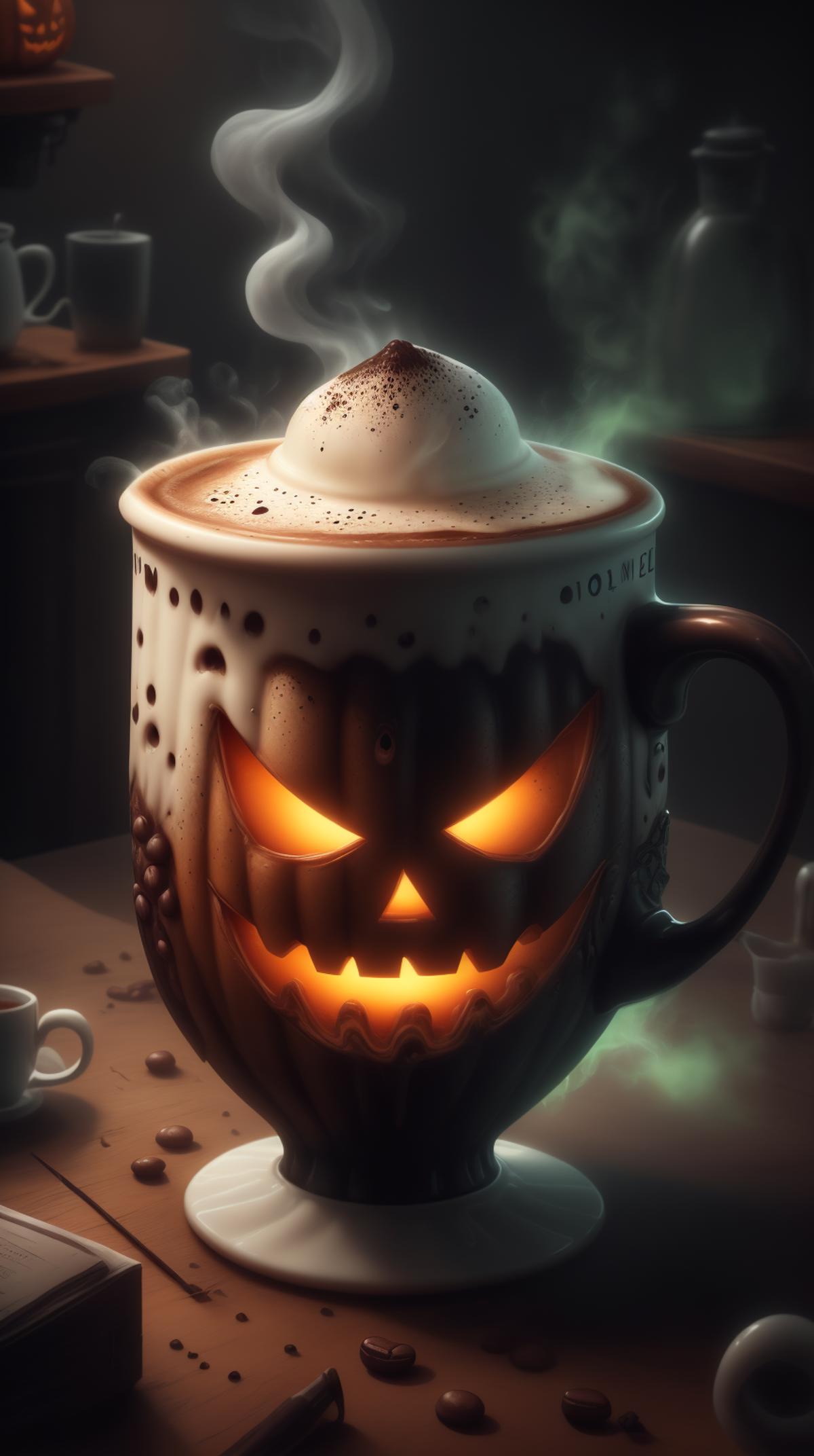 A scary pumpkin coffee mug on a table with smoke coming out of it, in front of a green background.