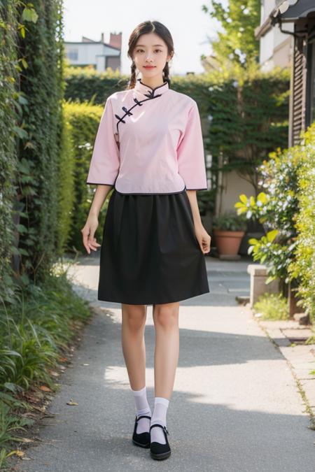 masterpiece,best quality,absurdres,highres,4k,ray tracing,perfect face,perfect eyes,intricate details,highly detailed,
1girl,looking at viewer,sexy pose,full body,private garden,
<lora:1920s May Fourth outfit:0.85>,(pink shirt:1.2),(black midi skirt:1.2),