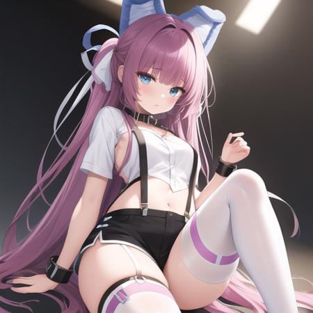 (masterpiece, best quality:1.2),illustration,8k,hd,1girl,solo,upper body,(portrait:1.2),purple_hair,blue_eyes,very_long_hair,animal_ears,bangs,fake_animal_ears,ribbon,hair_ribbon,hair_ornament,ponytail,white_shirt,suspenders,white_thighhighs,black_shorts,short_shorts,suspender_shorts,chain,collar,bound,<lora:Tashkent-Captivity(azur)>,