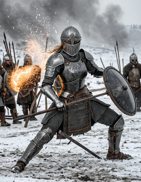 An action shot of a female knight mid-swing in battle, dust and sparks in the air, dramatic motion blur, highly detailed full body forged carbon full suit of armor armor.
Set in Viking Battlefield, Snow-covered landscape with hastily erected barricades, footprints marking the frozen ground, war drums pounding in the distance, smoldering fires emitting wisps of smoke, the sound of steel clashing.
 <lora:Forged_Carbon_SDXL:1> forged carbon texture, science fiction, medivial,