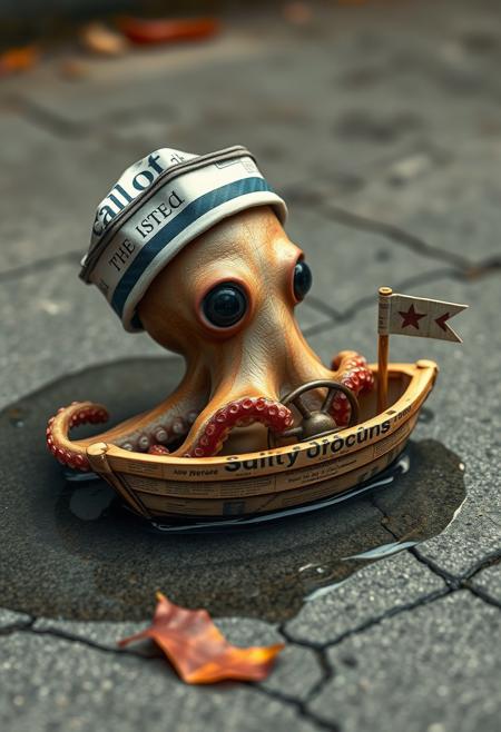 Create a hyper-realistic, hyper-detailed image of a cute octopus wearing a sailor's hat made from newspaper, steering a tiny boat also crafted from newspaper. The octopus gazes out at the "ocean" with a sense of adventure, but the viewer can see that it's just a small puddle of water. The octopus and boat are so small that the puddle seems like an endless sea to him, but the surrounding environment, such as a cracked sidewalk or a discarded leaf, gives away the true scale. Style: hyper-realistic, whimsical, humorous. Colors: muted, earthy tones with a focus on blues and grays to convey the sense of oceanic adventure. Highest-Quality, 4k, Masterpiece