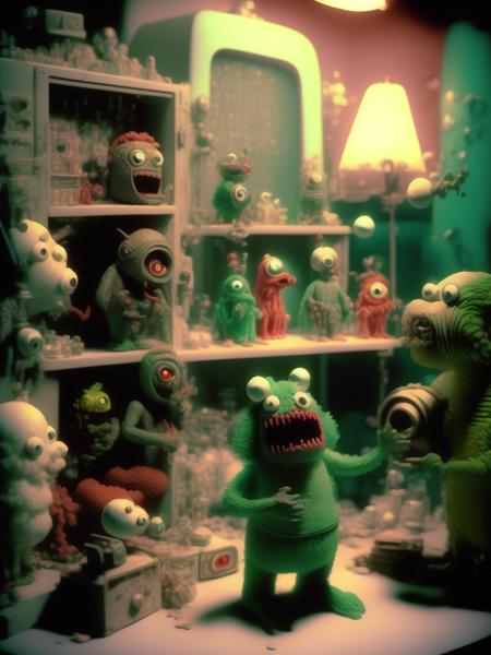 <lora:CLAYMATION:1>1970s photo of behind the scenes movie, shelf full of glowing vintage monsters toys, filmed on panavision, green light, film look, photograph, golden hour, fantasy, film glow, real picture, Kodachrome, realism, hyper-detailed, shot on film camera, magazine photo, technicolor