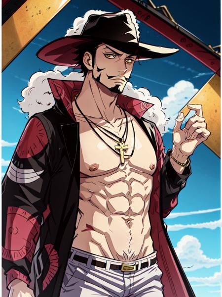 mihawk, (35 years old:1.2), mature  solo, looking at viewer, short hair, black hair, 1boy, jewelry, collarbone, yellow eyes, upper body, full body, muscle, beach, necklace, hand touches hat, coat, tattoo, facial hair, scar, goatee, wide-brimmed black hat, large plum,  <lora:mihawk:0.8>