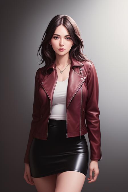 a woman in leather jacket outfit posing  for a picture in a studio setting with a neutral background and a neutral backdrop, ultra realistic digital art, a character portrait, photorealism