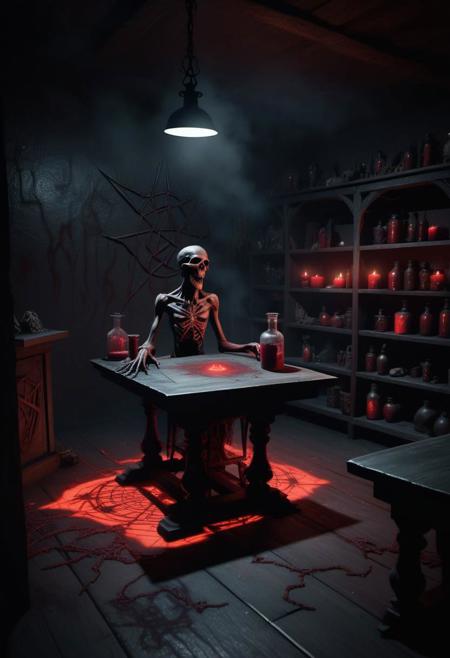  masterpiece, Dark basement, remnants of an arcane ritual, a (sinister necromance1.6) casting spells, satanic, Necronomicon sitting on a workshop table, pentagram drawn in red on the floor, potions and fuming viles fill the shelves. (Caustic lighting effects 1.4) (RTX 1.4)