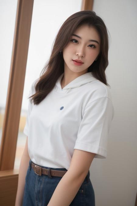 (beautiful polynesian woman, mixed korean, mixed japanese, korean idol,ulzzang-6500-v1.1), natural light, soft light, besth lighting, high resolution, 8k, (best quality, masterpiece:1.2), photorealistic, ultra high res, hoodie, belt, pointing, stage lights, short sleeves, bare shoulders, night, school uniform, buttons