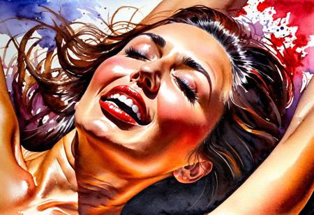 watercolor painting by (anatoly metlan, chung shek), closeup of a face of a happy woman having the ultimate orgasm; violent climax, urgent release of tension