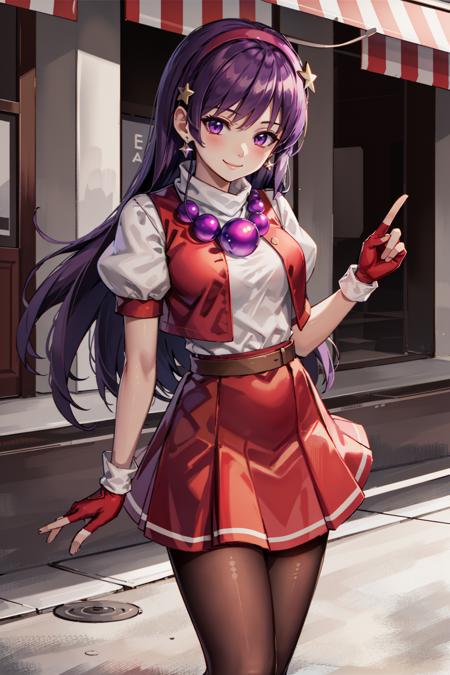 (masterpiece), (best quality), (ultra-detailed), intricate detail, athena97, 1girl, solo, purple eyes, purple hair, long hair, white earrings, red hairband, star hair ornament, medium breats, red vest, white turtleneck, white puffy sleeves, short sleeves, red pleated skirt, (deep red pantyhose:1.2), black pantyhose, yellow belt, purple sphere shape necklace, red fingerless gloves, white short socks, red shoes,   <lora:athena97e12:0.8>, 
(outdoors), photography, smile, blush, sunny, nsfw, cowboy shot,