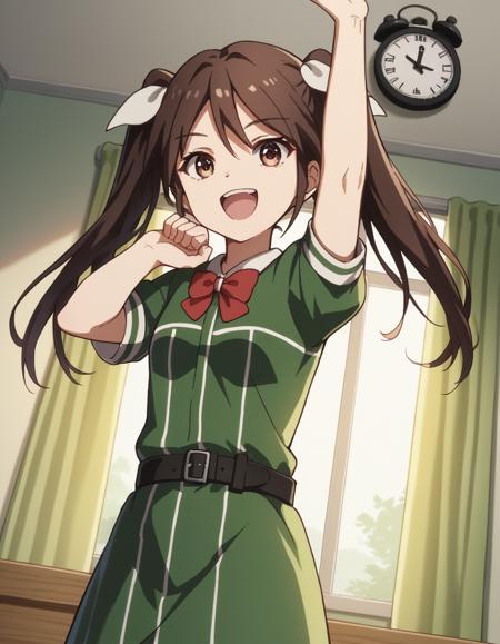 tone, long hair, brown hair, ribbon, twintails, brown eyes, hair ribbon, white ribbon, single elbow glove, school uniform, shirt, green shirt, belt, bowtie, red bowtie, short sleeves, dress, green dress,