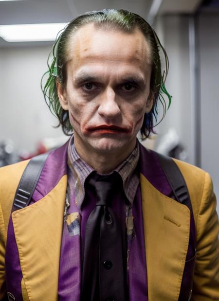 jc1 RAW photo, 1man, (messy hair),  (wearing  the joker costume) (high detailed skin), 8k uhd, dslr, soft lighting, high quality, film grain, Fujifilm XT3, <lora:JohnCazale:.95>