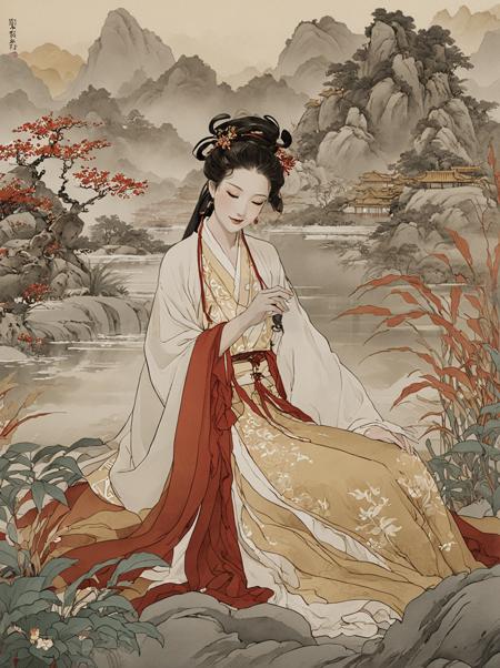 Whimsical and Playful, cinematic photo ink wash painting of light hanfu,A traditional Chinese art-inspired portrait, featuring a woman in ancient Hanfu attire.  The serene landscape evokes the tranquility found in classical Chinese paintings from the Song and Ming dynasties. Complementing the scene are golden calligraphy characters and red seals,  all set within a color palette rich in soft golds, whites, and deep reds.Tilted frame, introducing a sense of tension or dynamism.,A tranquil, peaceful environment. . monochromatic, loose, fluid, expressive, delicate,colorful . 35mm photograph, film, bokeh, professional, 4k, highly detailed, imaginative, fantastical, bight colors, stylized, happy, Whimsical and Playful