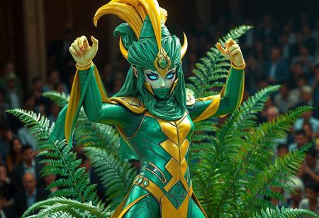The Sage with Eyes of Blue cosplay features a meticulously crafted costume combining vibrant emerald green and golden yellow panels. The headpiece consists of a 3-foot-tall conical structure with iridescent green fabric cascading down one side, complemented by a smaller, stylized yellow horn curving from the temple. The body suit incorporates geometric patterns with contrasting panels, creating a futuristic yet organic aesthetic. In the isometric composition, the character strikes a dynamic action pose with one arm raised in a defensive stance while standing before a stylized fern plant. The Unreal Engine 5 rendering captures every brush stroke of the Octane Rendered textures, particularly the detailed eye patterns and the layered headpiece. Grammer Effect lighting emphasizes the character's blue irises while creating dramatic shadows on the Houdini-style costume folds. The scene follows the Golden Ratio for composition balance, with the crowd in the background adding context to the Performapal Dramatic Theater setting. This 4K quality image demonstrates Raphael-style character design principles with its harmonious color palette and powerful emotional impact.