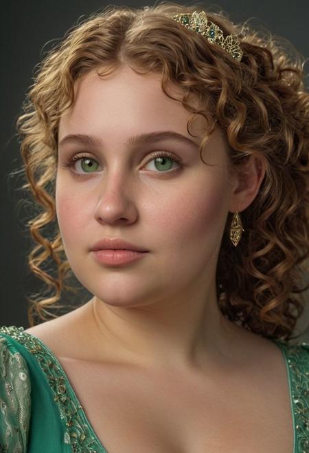 Photorealistic oil painting of (half-dragon warrior-princess:1.2) half-angloirish, 1/4desi 25%, roman nose, thin upper lip,  monolid eye, arched eyebrows, dimples, big rosy cheeks, receding chin, large forhead, wide bridge nose, low cheek bones, oval face, curvy, plump, bbw, chubby, big belly, wide hips, big ass, big butt, fat, fatface, puffy lips, slightfrown, big nose, ugly, thinupperlip, wide nose, wide mouth, eyes apart wide, slightlyhomely, upper body, waste up,  full upper body, torso ,with (intricate metallic brass scales seamlessly melded into arm and neck:0.9), 18-year-old, (light brown curly hair:1.1) half-angloirish, 1/4desi 25%, curvy, plump, bbw, chubby, fat, fatface, puffy lips, slightfrown, big nose, thinupperlip, wide nose, wide mouth, eyes apart wide, slightlyhomely, upper body, waste up, subtle smile, pointy nose, high cheek bones, negative canthal tilt
 (bare shoulder:1.3), (medieval fantasy clothing:1.2), grimdark fantasy, (medieval) fantasy, high fantasy, epic fantasy, (upper body:1.3) (medium shot:1.3) taken with (fujifilm xt3:1.1), film grain, dark style, raking light dramatic hard shadows, (dramatic lighting:0.9), material contrast, cinematic composition, intricate details, masterpiece, visually stunning, evocative, vivid deep hues, brass, green chalcedony, (body transformation:1.2), <dhevv:ds-style:rsd1.5>, realistic eyes, scaleborn, scales,  woman, busty, huge boobs, bangs, small barrette , subtle smile,