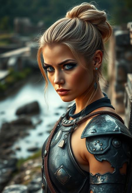 Stable_Yogis_PDXL_Positives  
Photo shoot, of a sexy beautiful  Seychellois female warrior,  Glitter cut crease with bold lips makeup style , bun hairstyle , Light blonde hair_color , bones ear climbers ,  wearing iron armour,  ancient ruins on the edge of a river , shot with Canon PowerShot G7 X Mark III Compact camera,  light_particles, cinematic, dynamic_angle, depth_of_field, bokeh, HDR, 8K, RAW, best_quality, top_quality, hyperrealistic, photorealistic, ultra_detail, ultra_realistic, masterpiece, hi-res, absurd_res, high_quality_photography, source_photo, highly_detailed, very_aesthetic, beautiful, realistic, real_life.