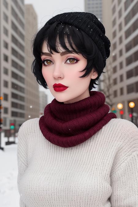 photo of a woman, <lora:rocketbabey-05:0.7>, rocketbabey,((short hair, pixie cut, black hair)), ((pale skin)),  ((turtleneck sweater):1.1),((closeup, portrait):1.1),((outdoors, city, snow):1.2),((red lipstick,heavy eyeliner, heavy eye shadow, blush):1.2), ((scarf, warm hat, thighhighs)), ((best quality, masterpiece, extreme details, high resolution):1.2),((detailed eyes, beautiful eyes, detailed face, beautiful face):1.2)