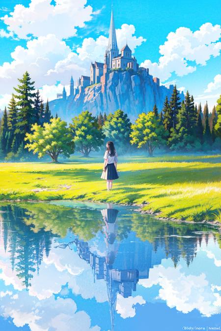 octans, 1girl, scenery, outdoors, solo, cloud, sky, long hair, day, tree, water, blue sky, reflection, nature, cloudy sky, grass, standing, dress, forest, skirt, black hair, fantasy.<lora:octans:1>