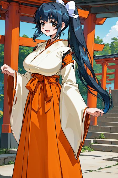 1girl, Japanese shrine, smile, open mouth, standing, cowboy shot, 
shino, gray eyes, thick eyebrows, heir ribbon, hair bow, black hair, long hair, ponytail, sidelocks, bangs, miko, (white wide sleeves:1.1), (white kimono:1.1), japanese clothes, BLEAK (orange hakama:1.2), hakama skirt, large breasts, <lora:shino_lora_ver1:0.8>