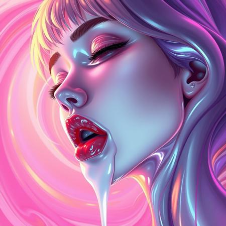 Abstract digital anime of a female face rendered in fluid, melting forms that suggest intense pleasure. The face dissolves into soft, undulating contours with a surreal, dripping effect. Her eyes are rolled back with barely visible pupils, evoking a hypnotic trance, while a thick streak of white drool traces down her chin. She's slightly biting her lip but Her is tongue out and, capture a moment of raw, unbridled ecstasy. The background swirls with warm, sensual hues of pink, purple, and gold in smooth, flowing gradients, reinforcing the abstract, erotic ambiance of the scene. The composition is dynamic and organic, blending precise, fluid lines with a dreamy, surreal atmosphere. The image compositions follows a Fibonacci spiral. glossy textures, melting effect, reflective surfaces, bioluminescent glow, transparent molten liquid elements, metallic sheen, high contrast,  anime stylization, iridescent highlights, surreal fluidity, futuristic materials, intricate details, translucent hair, sci-fi elegance, expressive eyes, synthetic realism, hyper-detailed rendering, high resolution,  perfect anatomy